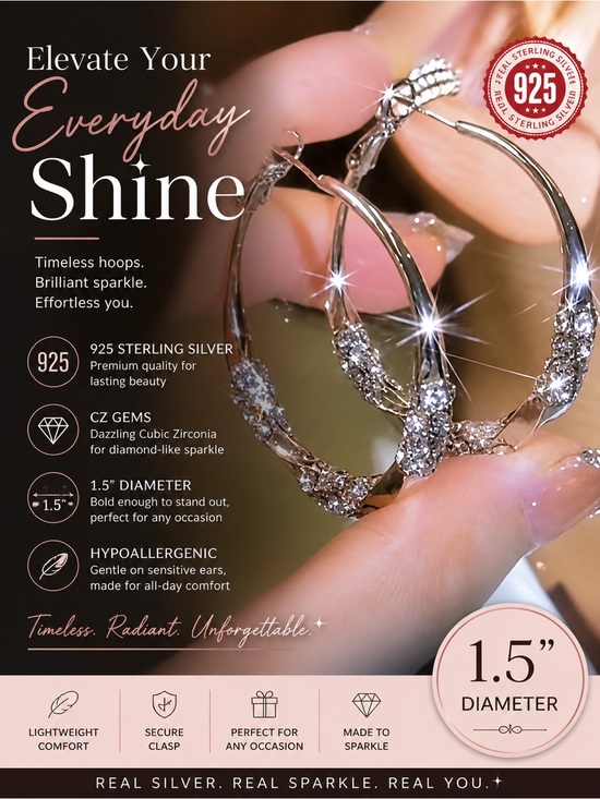 The Unbranded Brand Jewelry - Sterling Silver CZ Sparkle Hoop Earrings - Silver